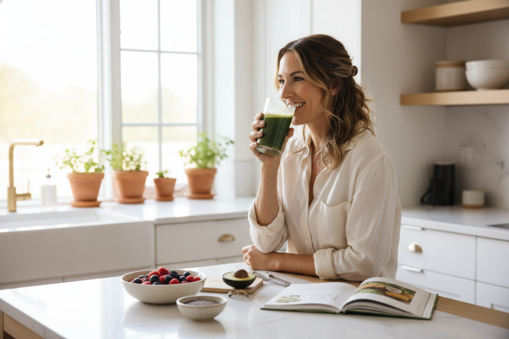 woman drinking fresh green juice in morning woman drinking fresh green juice in morning