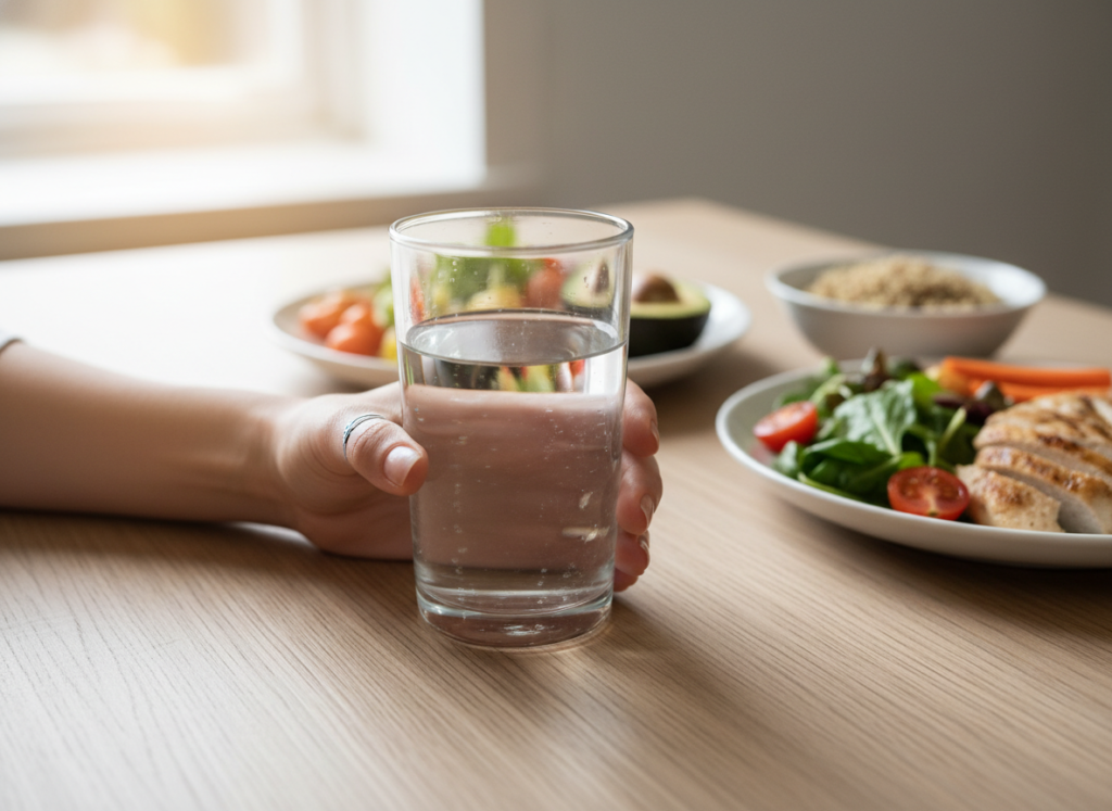 woman drinking glass of water before meal woman drinking glass of water before meal
