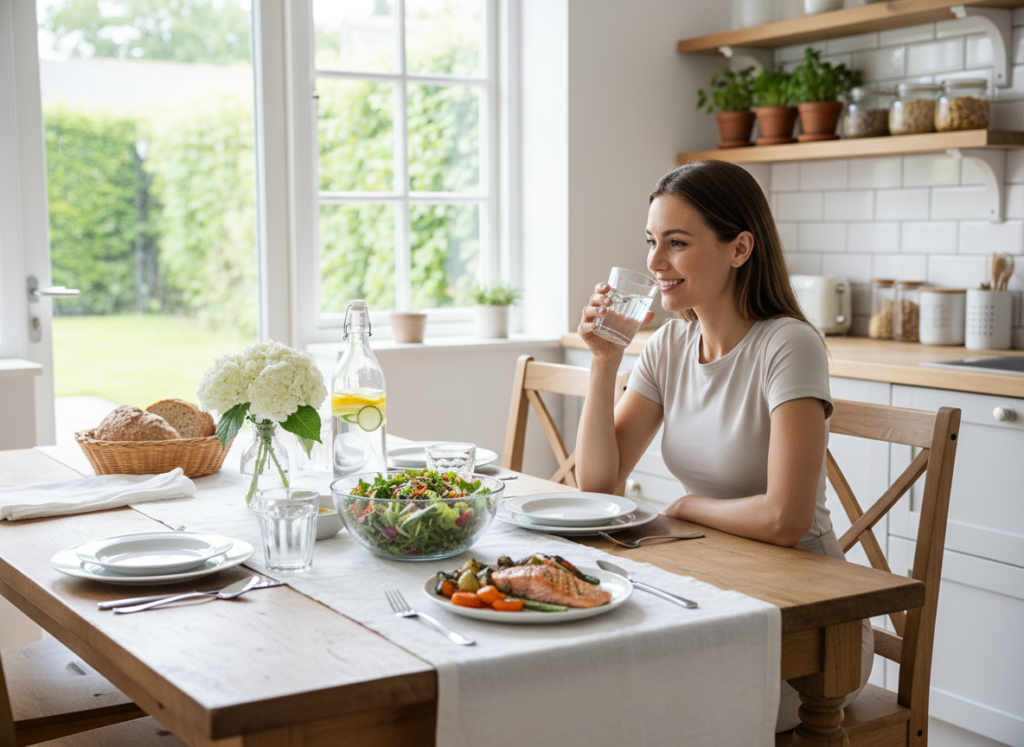 woman drinking glass of water before meal at dining table woman drinking glass of water before meal at dining table