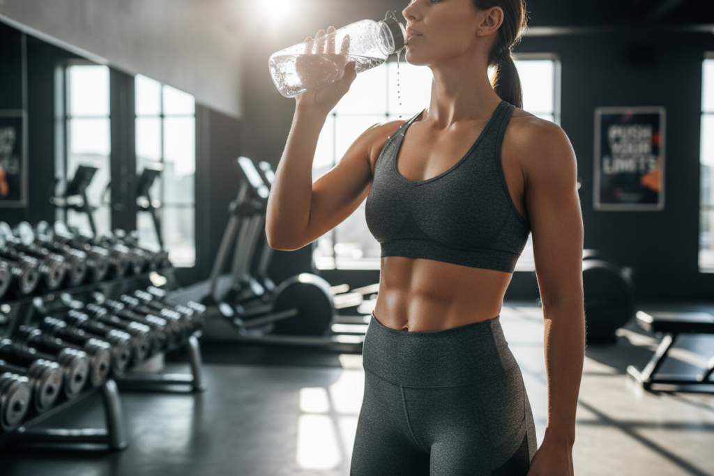 woman drinking water from glass bottle during workout session