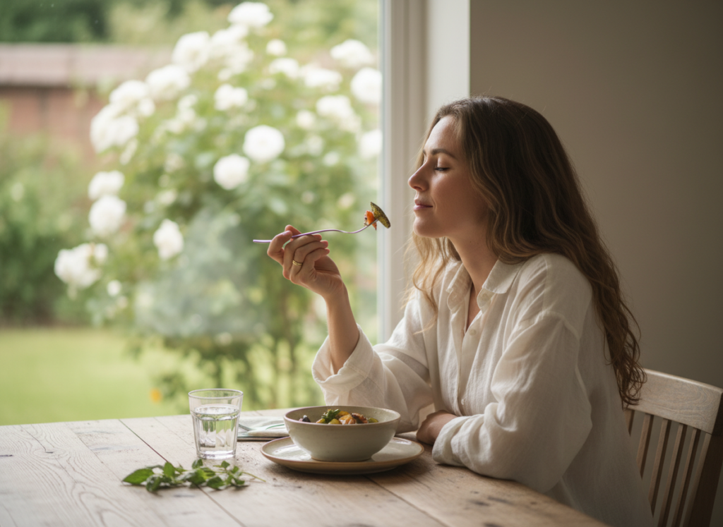 woman eating slowly and mindfully at a peaceful dining setting woman eating slowly and mindfully at a peaceful dining setting