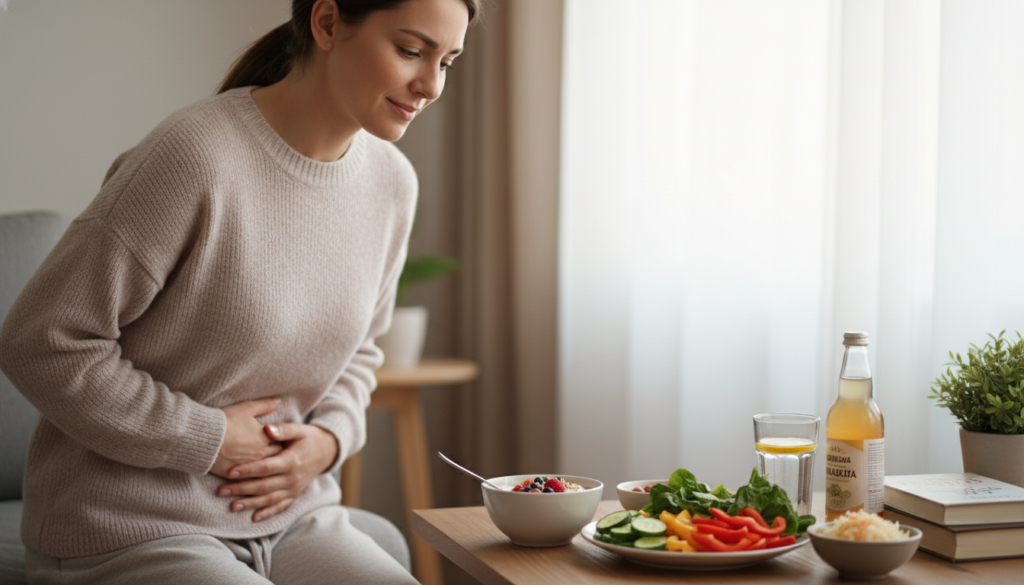 woman holding stomach area experiencing digestive discomfort, with healthy foods nearby woman holding stomach area experiencing digestive discomfort, with healthy foods nearby