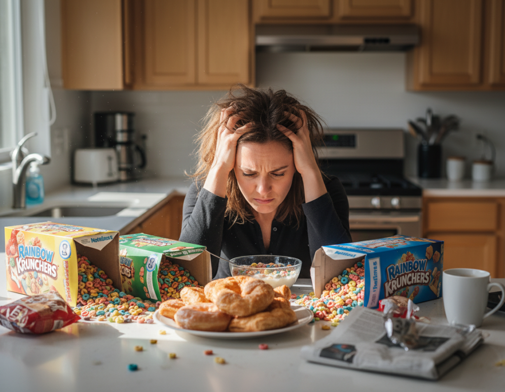 woman looking stressed with unhealthy breakfast choices