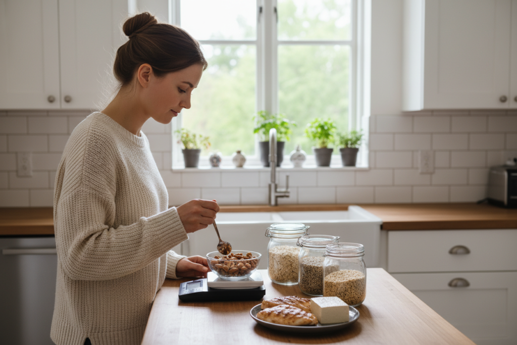 woman measuring healthy foods for weight gain meal plan