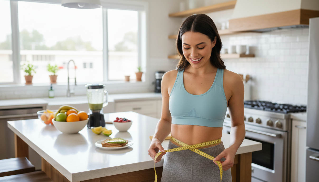 woman measuring waist showing weight loss success without dieting