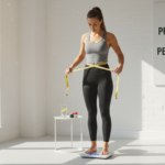 woman measuring waist with tape measure standing on scale for loose weight in a week journey