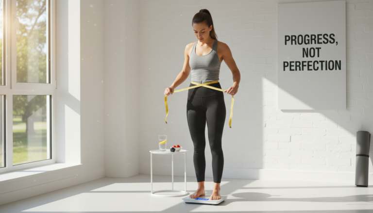 woman measuring waist with tape measure standing on scale for loose weight in a week journey