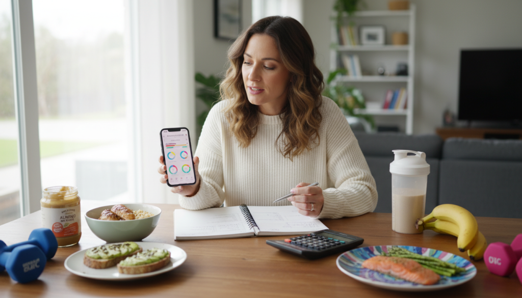 woman planning meals with calculator and food journal