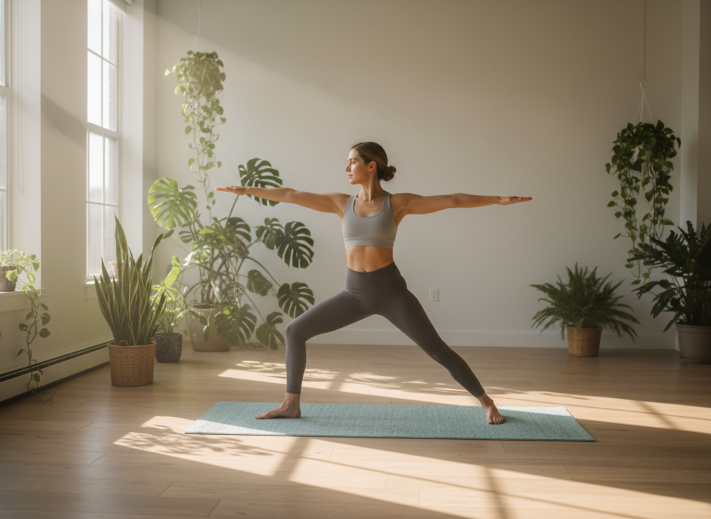 woman practicing morning yoga flow routine