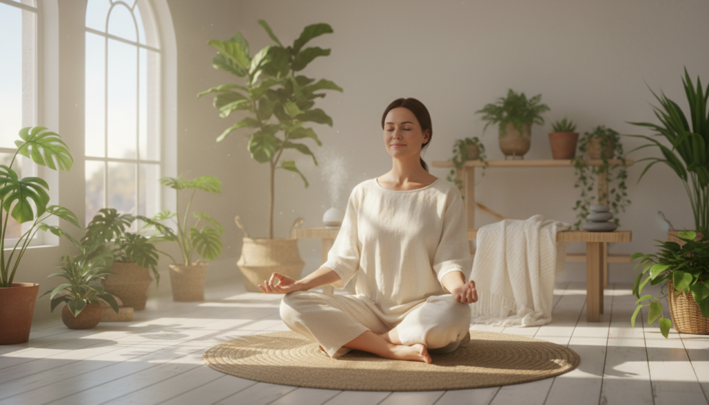 woman practicing stress relief through meditation woman practicing stress relief through meditation