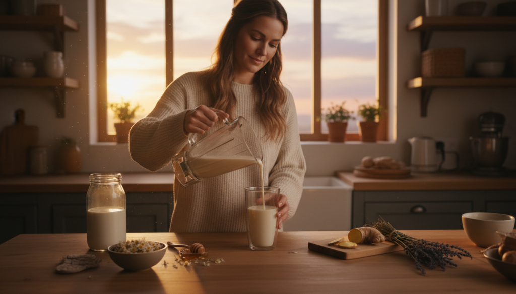woman preparing healthy bedtime drink in kitchen