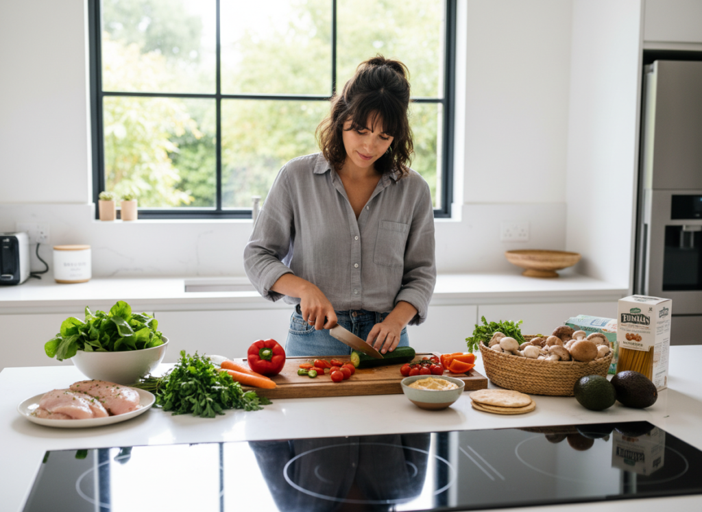 woman preparing healthy weight watchers dinner in modern kitchen woman preparing healthy weight watchers dinner in modern kitchen