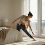 woman stretching in morning sunlight by window starting her fat burning morning routine