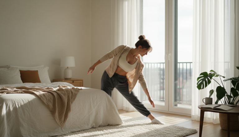woman stretching in morning sunlight by window starting her fat burning morning routine