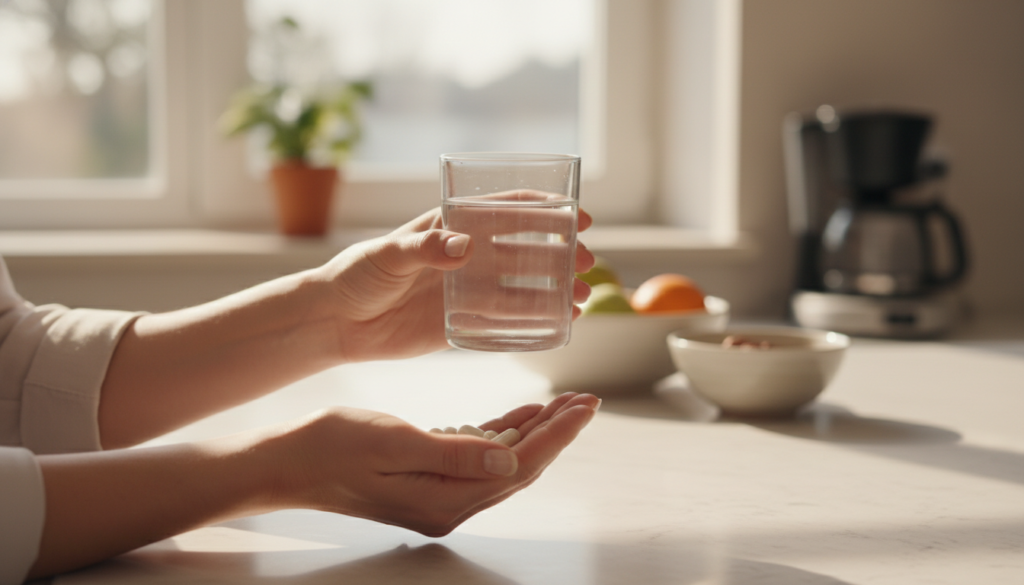 woman taking probiotic capsules with water for daily digestive support routine