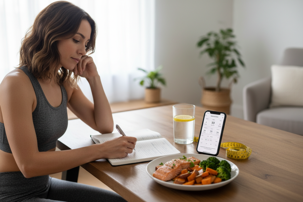 woman tracking weight gain progress in journal and app