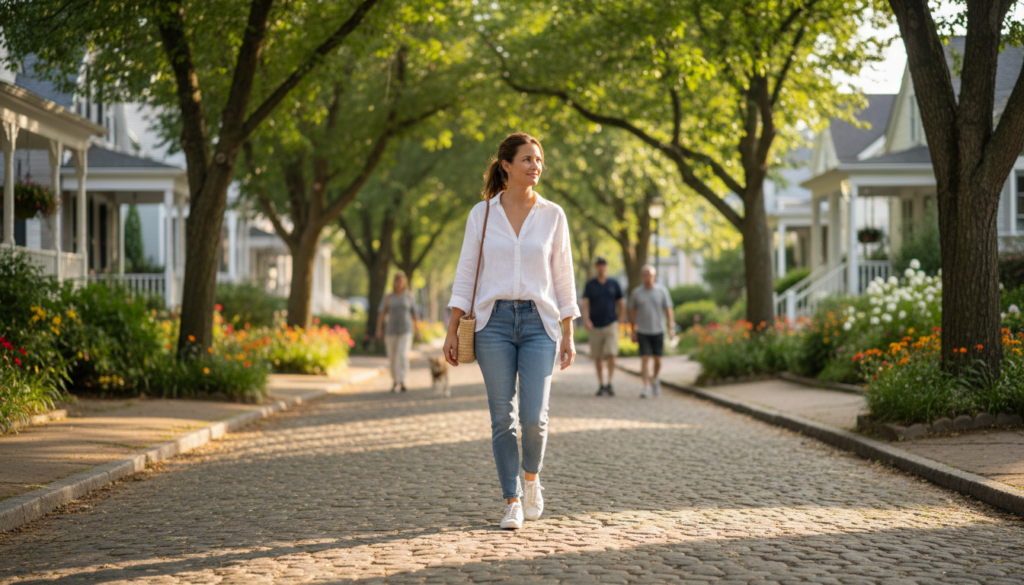 woman walking outdoors in comfortable clothes after a meal woman walking outdoors in comfortable clothes after a meal
