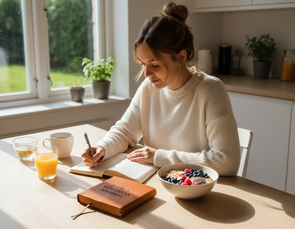 woman writing in food journal