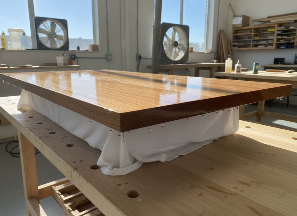 wood project drying with smooth finish in dust-free workspace