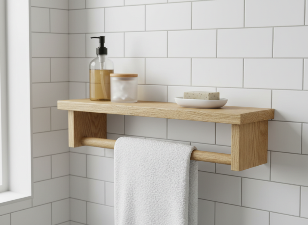 wooden bathroom shelf with towel bar holding toiletries and towel