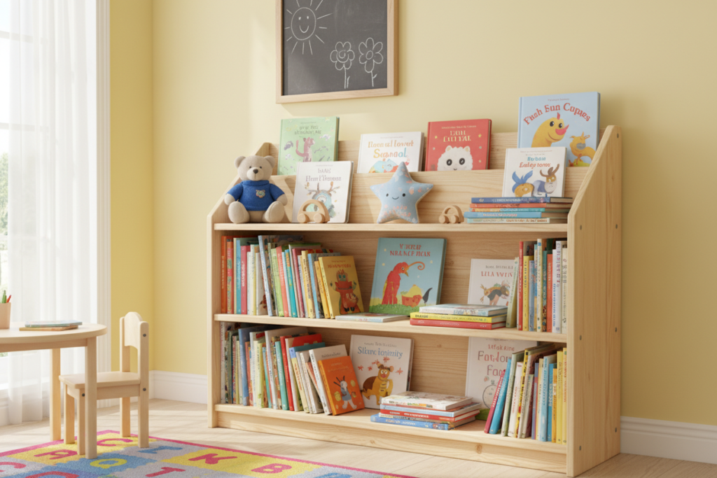 wooden bookshelf in child room filled with colorful children books