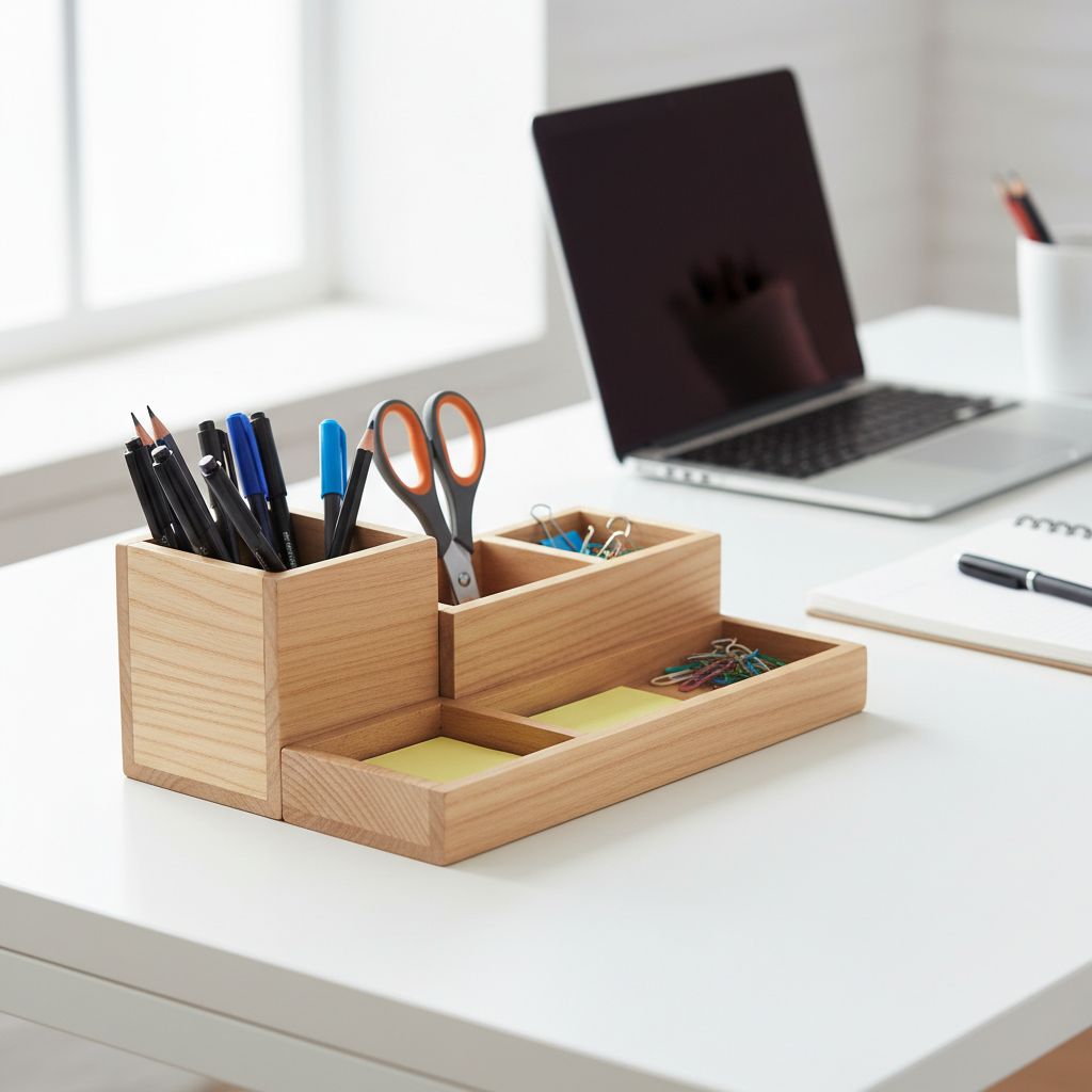 wooden desk organizer holding office supplies and stationery