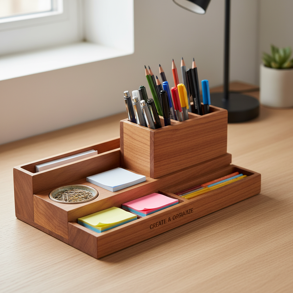 wooden desktop organizer with compartments holding pens and office supplies