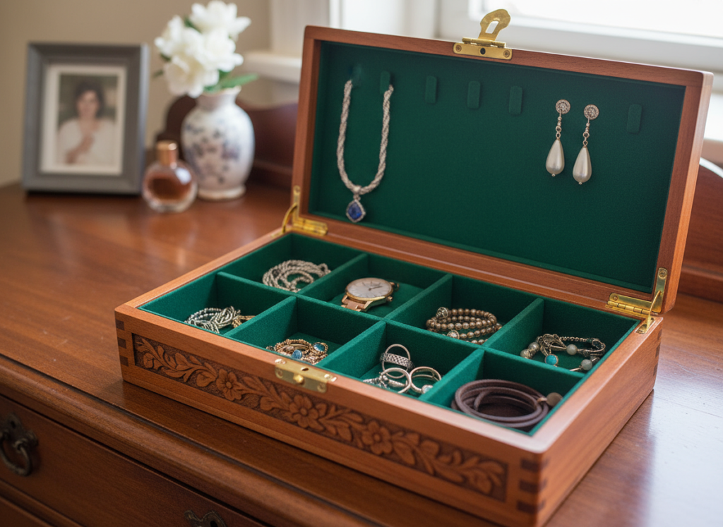 wooden jewelry box with compartments and felt lining open displaying jewelry