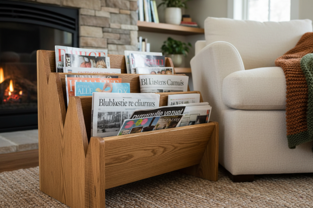 wooden magazine rack holding newspapers and magazines in living room