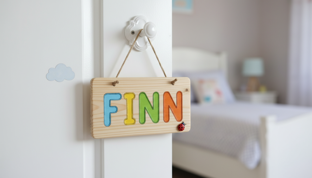 wooden name sign with carved letters for child room door