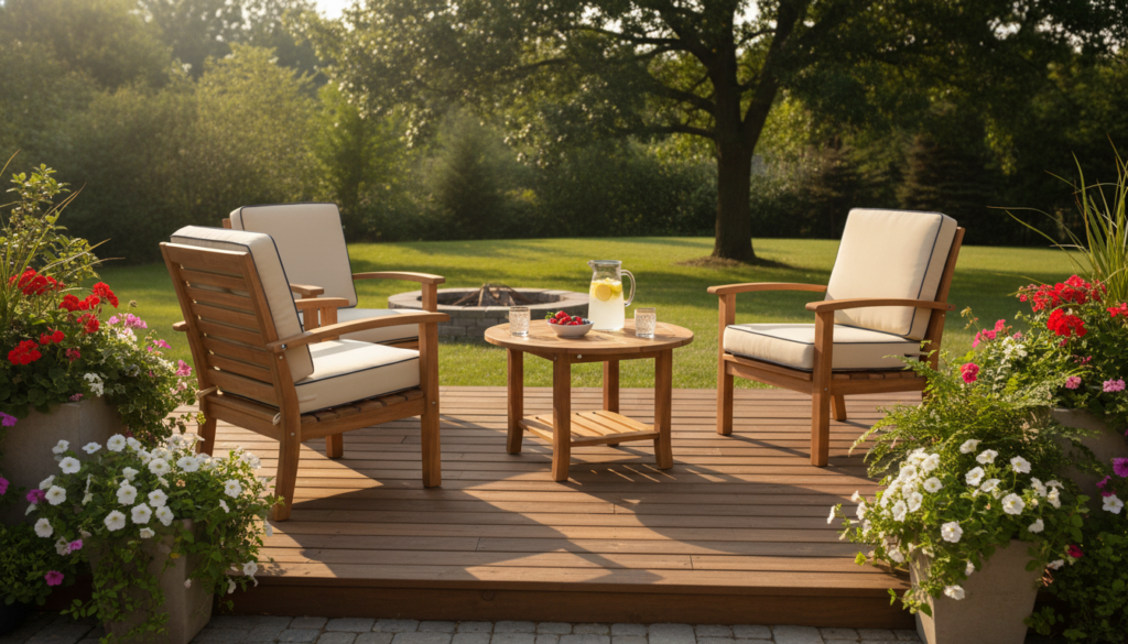 wooden patio furniture set on outdoor deck