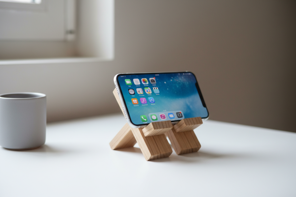 wooden phone stand holding smartphone on desk
