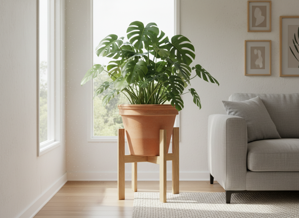 wooden plant stand holding potted plant in corner of living room