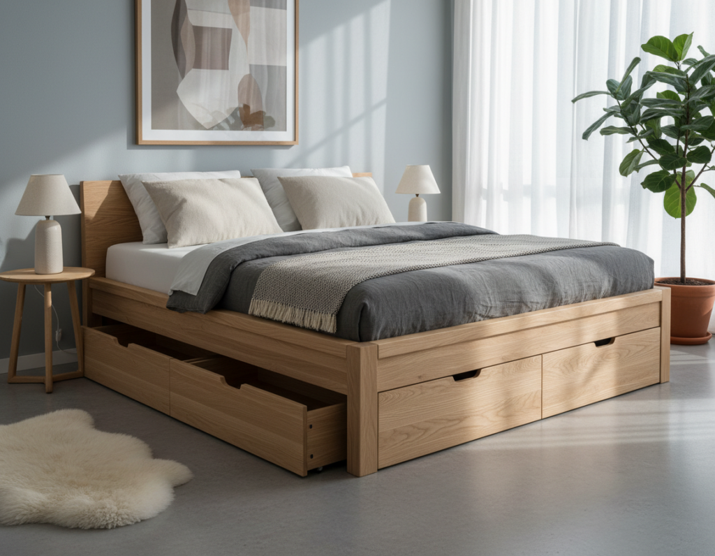 wooden platform bed frame with storage drawers