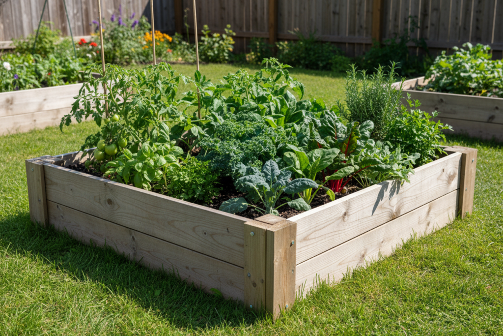 wooden raised garden bed filled with vegetables and herbs