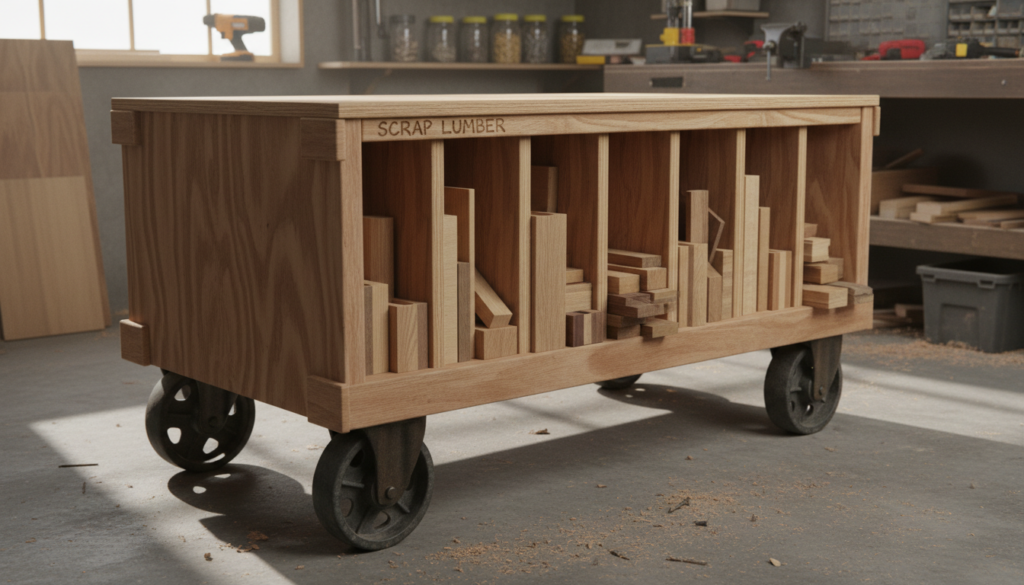 wooden scrap wood storage cart with wheels and multiple compartments