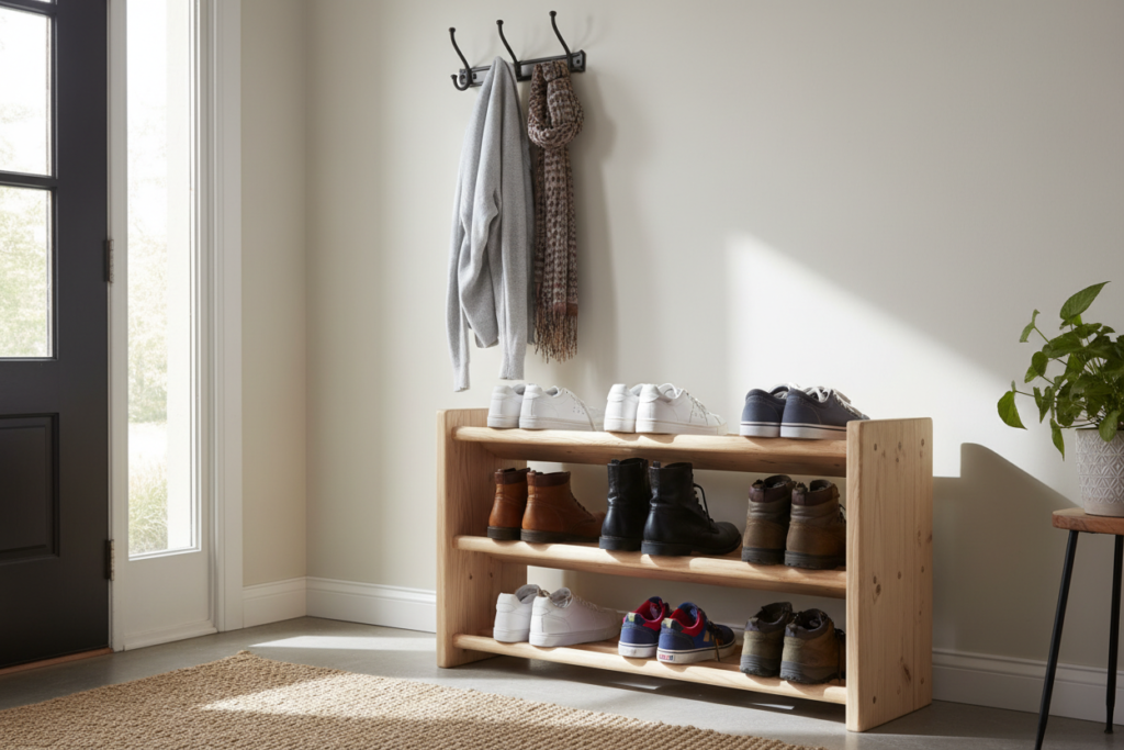 wooden shoe rack in entryway organized with various footwear