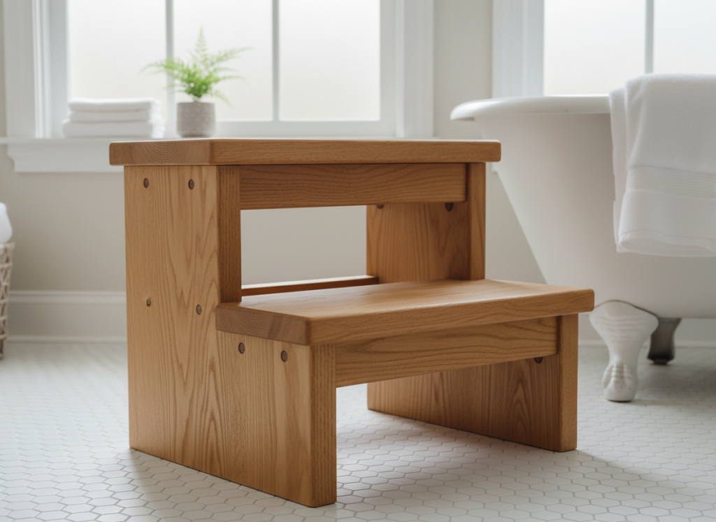 wooden step stool in bathroom helping child reach sink