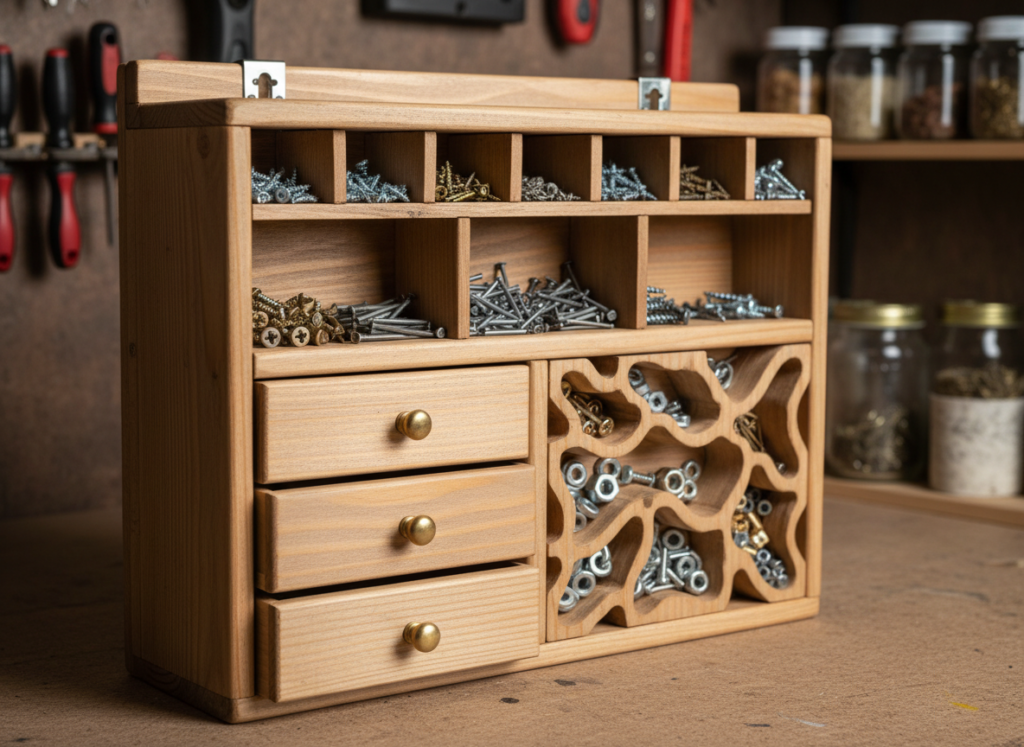 wooden storage box organizer with multiple compartments for small parts