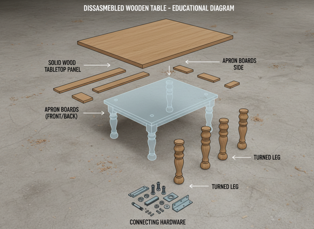 wooden table components laid out showing top base and legs wooden table components laid out showing top base and legs