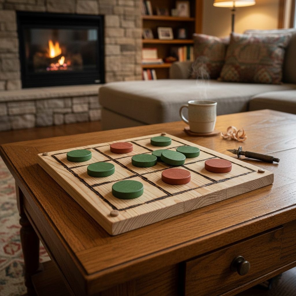 wooden tic-tac-toe game board with pieces on table