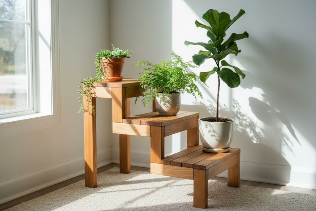 wooden tiered plant stand with multiple potted plants