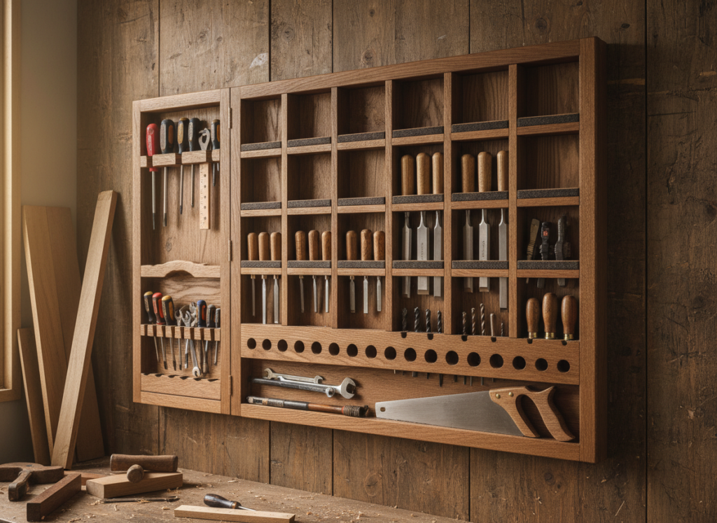 wooden tool organizer with compartments for different tool sizes