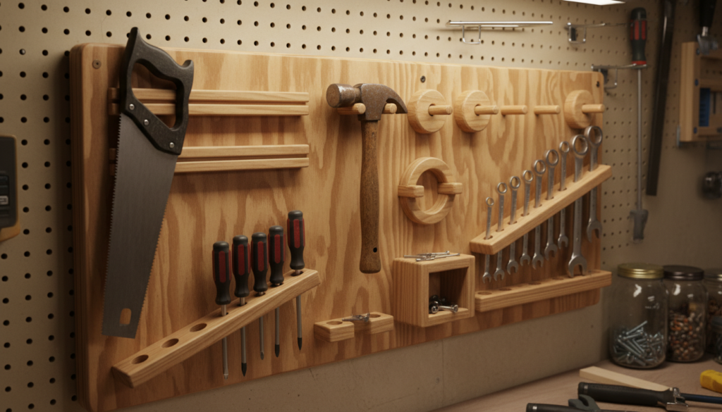 wooden tool storage wall organizer with hanging tools