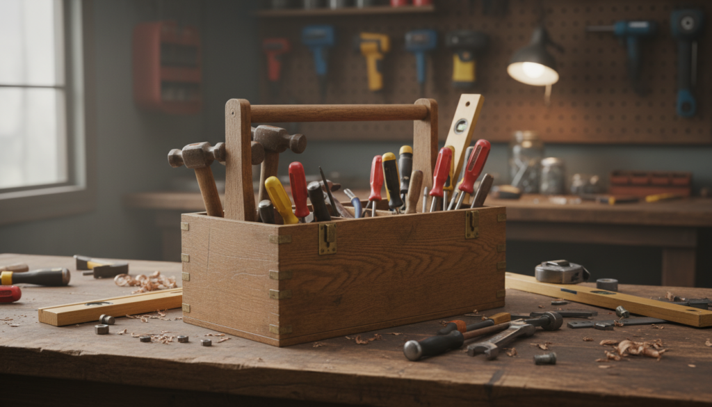 wooden toolbox with handle and compartments holding various tools