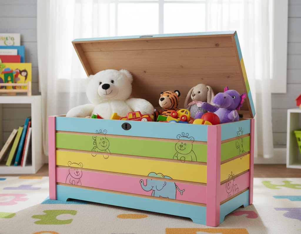 wooden toy box with lid in child room filled with toys
