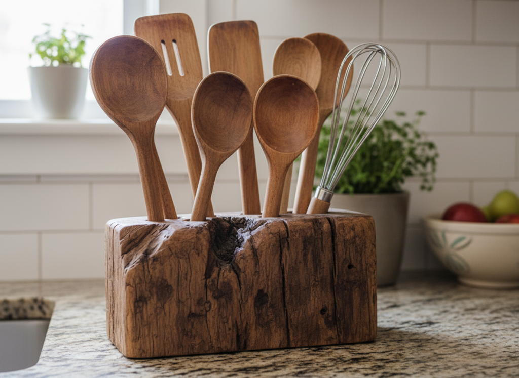 wooden utensil holder on kitchen counter with cooking spoons and spatulas