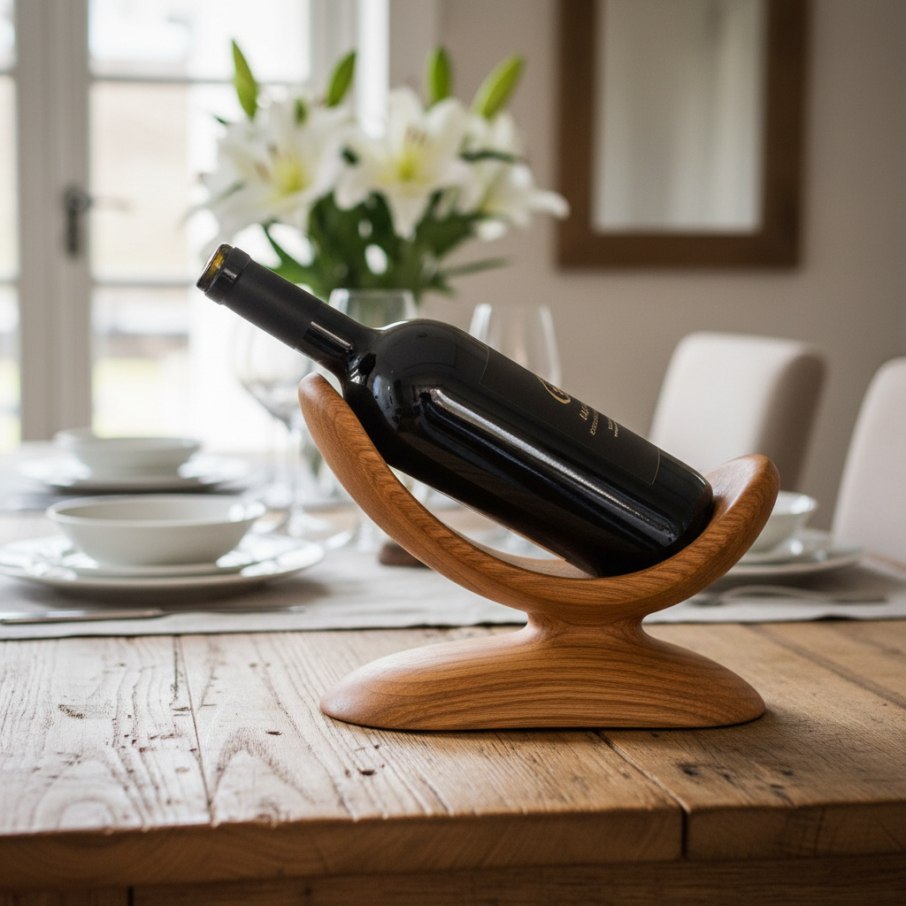 wooden wine bottle holder balancing wine bottle at angle on table
