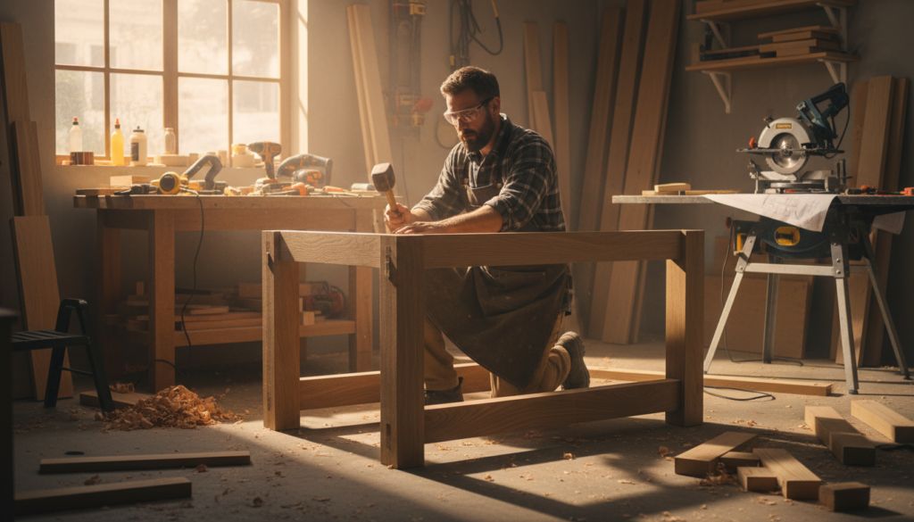 woodworker assembling table base in workshop woodworker assembling table base in workshop