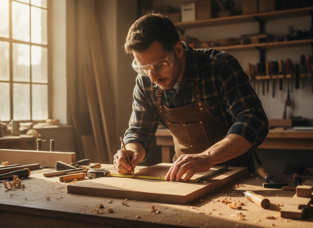 woodworker carefully measuring board before cutting